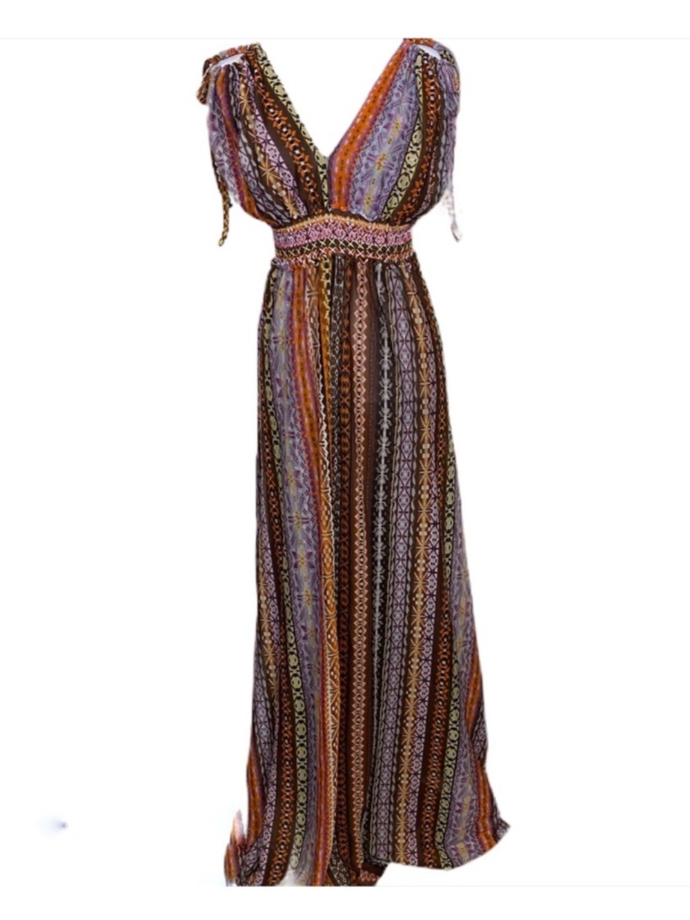 Line & Dot Grecian Bohemian Printed Striped Maxi Dress Multicolor Medium Vintage